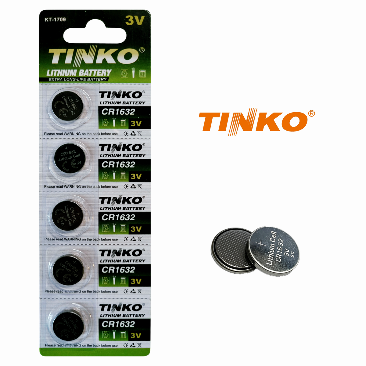 TINKO CR1632 – Vorderseite mit TINKO-Logo und passenden Knopfzellen