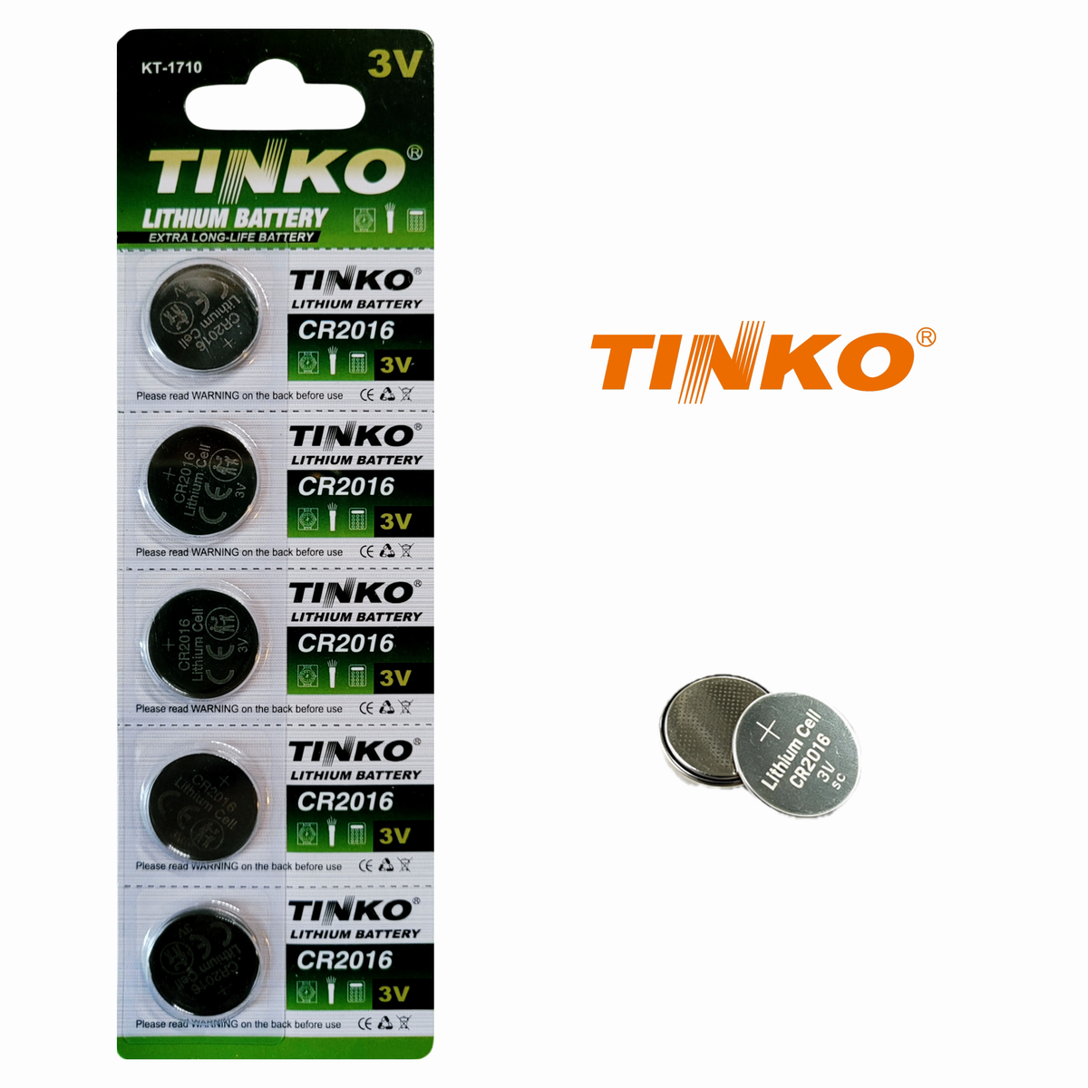 TINKO CR2016 – Vorderseite mit TINKO-Logo und passenden Knopfzellen