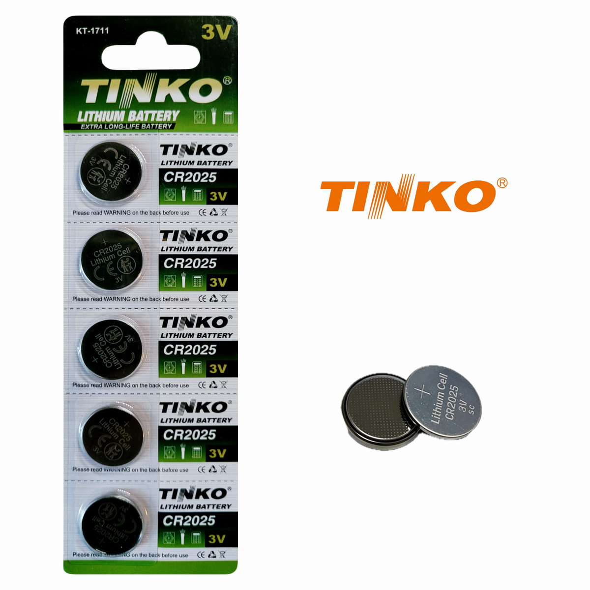 TINKO CR2025 – Vorderseite mit TINKO-Logo und passenden Knopfzellen