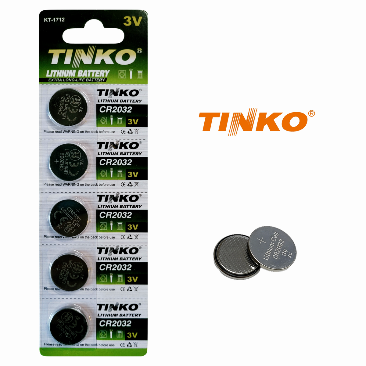 TINKO CR2032 – Vorderseite mit TINKO-Logo und passenden Knopfzellen