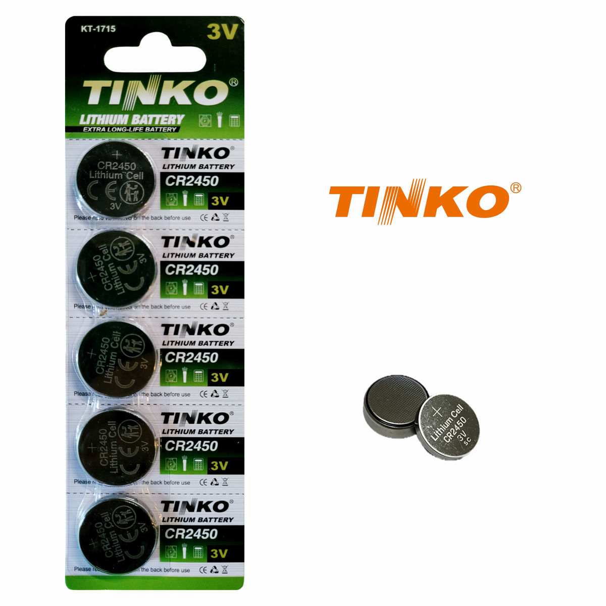 TINKO CR2450 – Vorderseite mit TINKO-Logo und passenden Knopfzellen