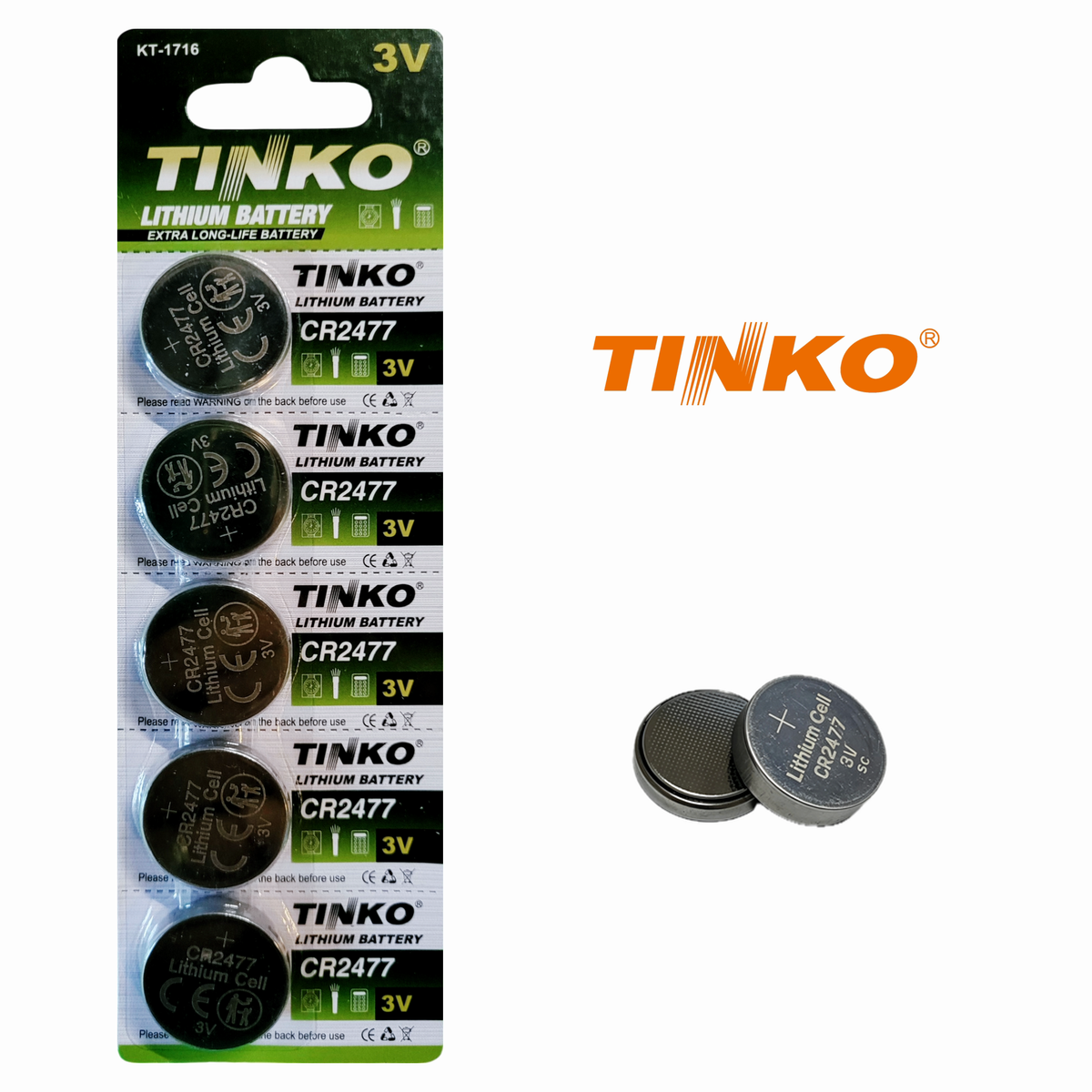 TINKO CR2477 – Vorderseite mit TINKO-Logo und passenden Knopfzellen