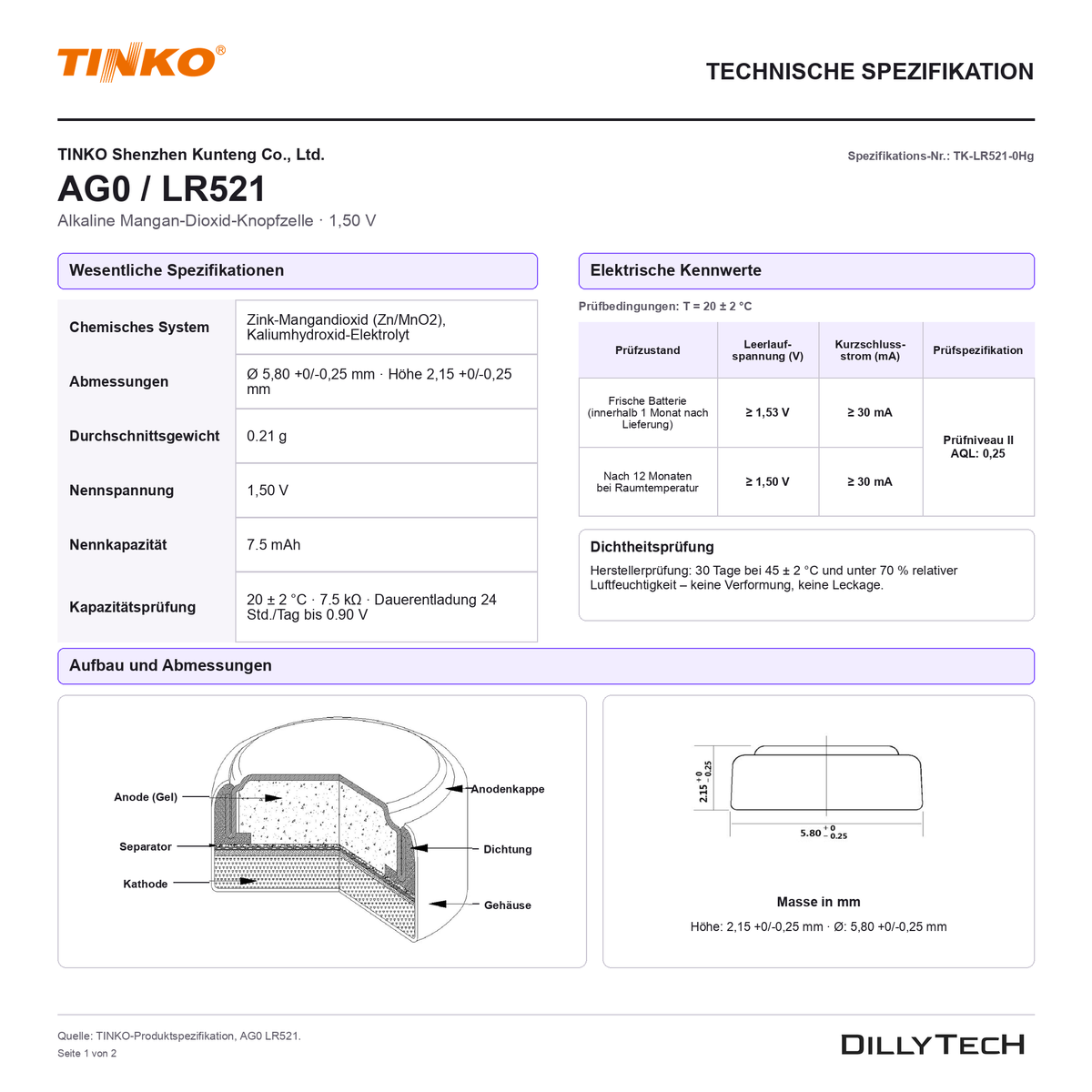 TINKO AG0 – technische Spezifikation, Seite 1