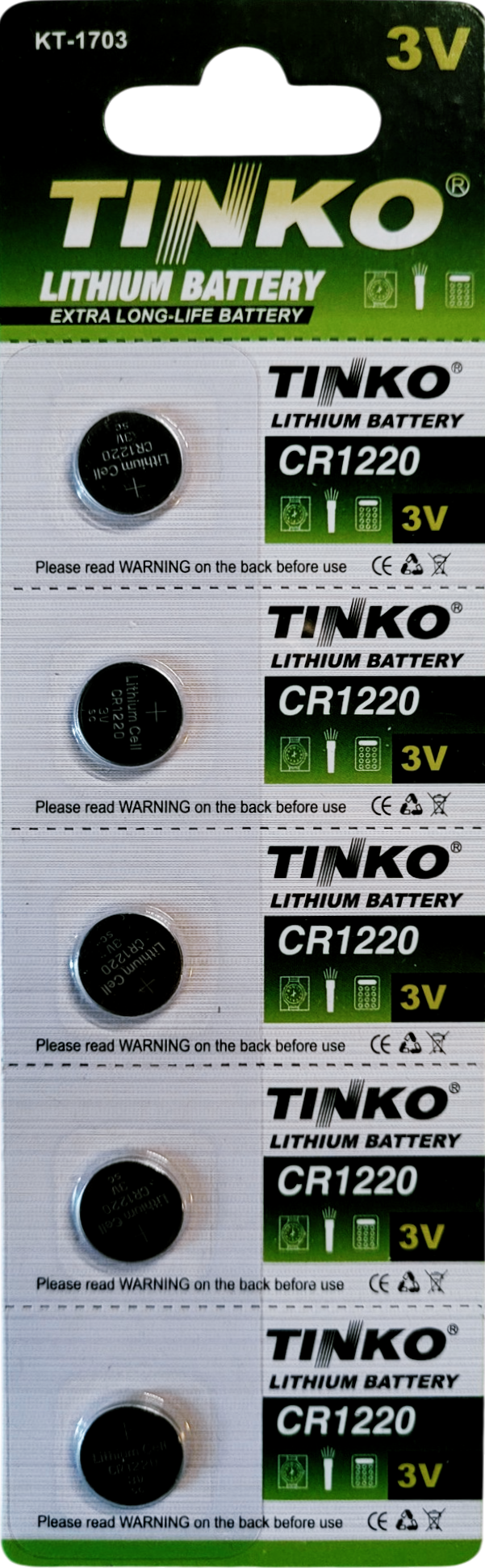 TINKO CR1220 Lithium-Knopfzellen – Originalblisterstreifen, Vorderseite