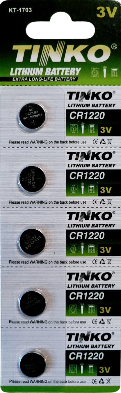 TINKO CR1220 Lithium-Knopfzellen – Originalblisterstreifen, Vorderseite