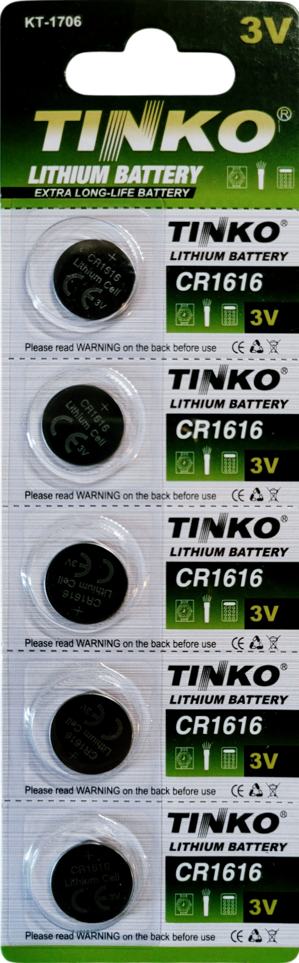 TINKO CR1616 Lithium-Knopfzellen – Originalblisterstreifen, Vorderseite