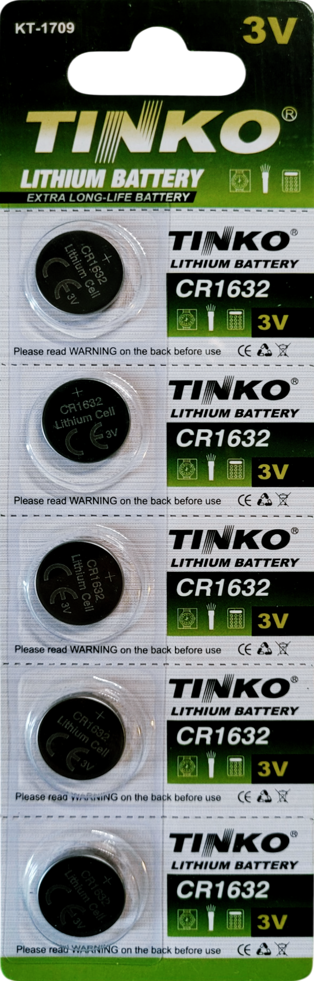 TINKO CR1632 Lithium-Knopfzellen – Originalblisterstreifen, Vorderseite