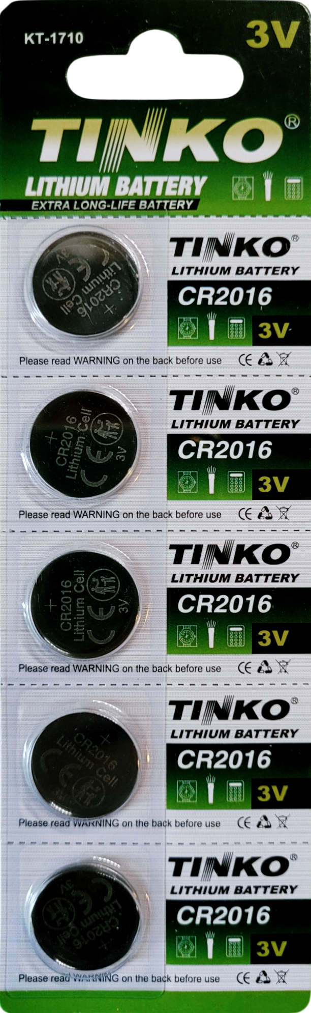 TINKO CR2016 Lithium-Knopfzellen – Originalblisterstreifen, Vorderseite