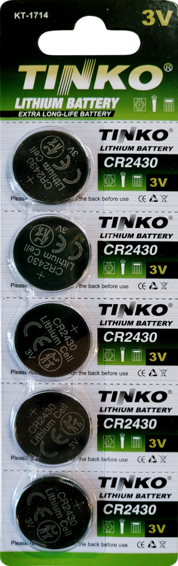 TINKO CR2430 Lithium-Knopfzellen – Originalblisterstreifen, Vorderseite