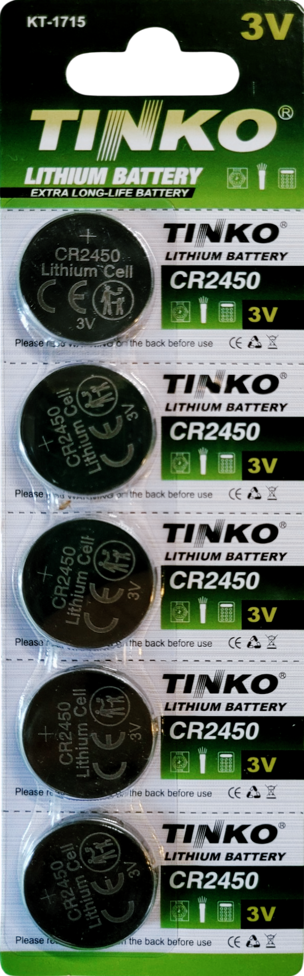 TINKO CR2450 Lithium-Knopfzellen – Originalblisterstreifen, Vorderseite