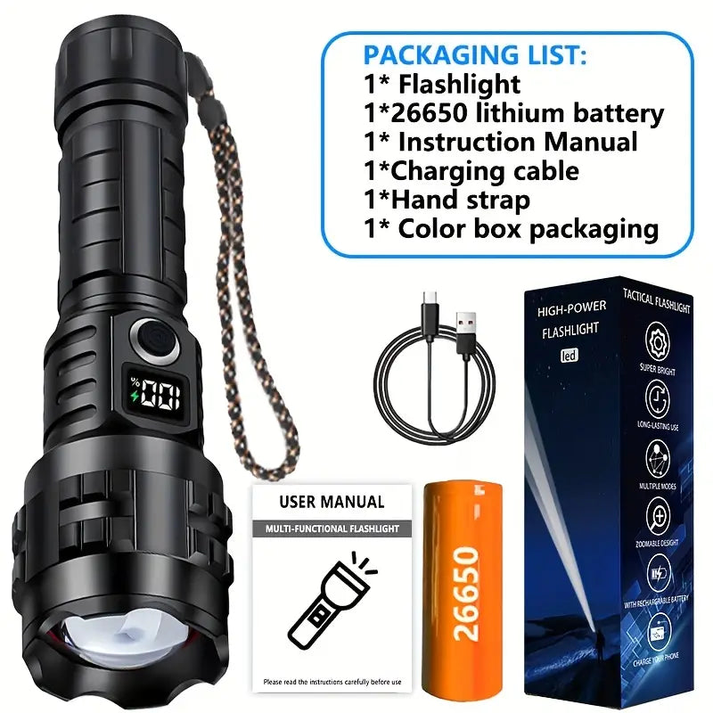 Compact Flashlight – Tactical Beam, 26650 battery Alu finish, premium box and sleeve