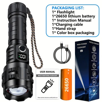 Compact Flashlight – Tactical Beam, 26650 battery Alu finish, premium box and sleeve